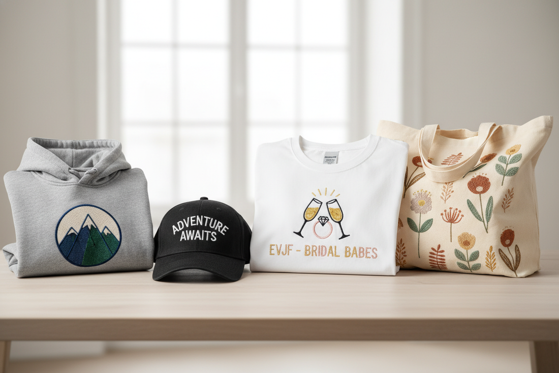 Sélection de t-shirts, sweats, casquettes et tote bags brodés personnalisés.