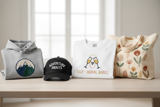 Sélection de t-shirts, sweats, casquettes et tote bags brodés personnalisés.