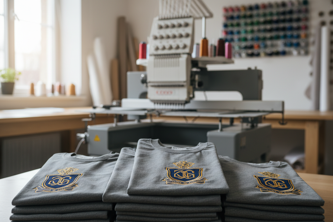 Pile de t-shirts brodés identiques illustrant une production en série.